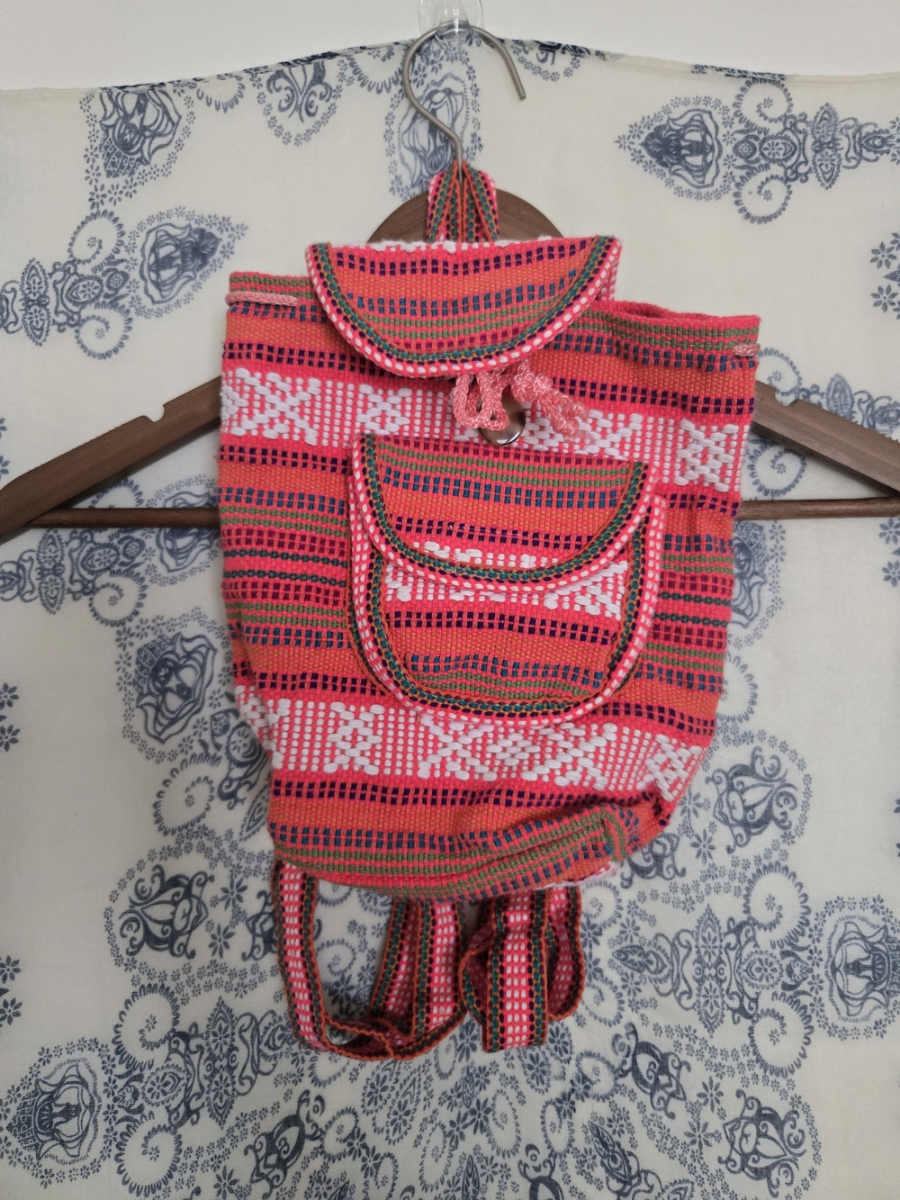 Guatemala Fundraiser Handwoven Coral & Red Striped Backpack Small Handbag Purse
